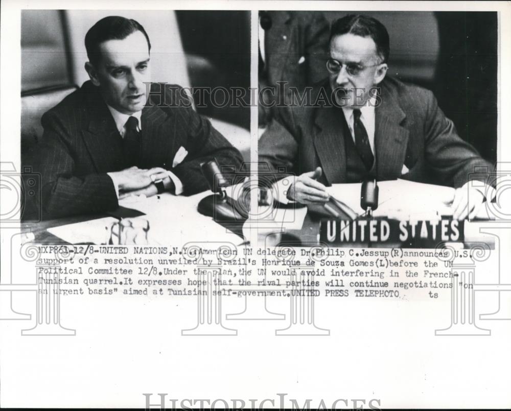 1952 Press Photo UN Delegates Dr. Philip C. Jessup, Henrique de Souza Gomes - Historic Images