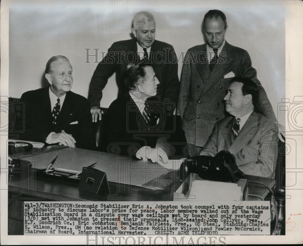 1951 Press Photo Economic Stabilizer Eric A. Johnston &amp; Industry Captains Meet - Historic Images