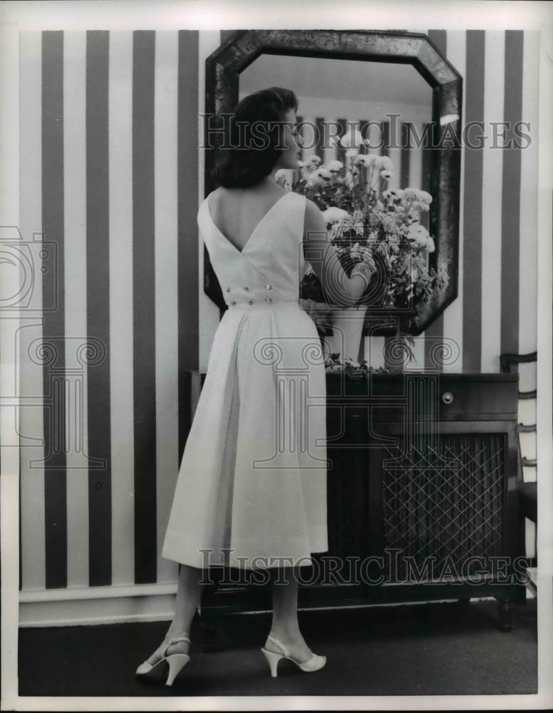 1956 Press Photo Model Wears Jeanne D;Arc White Faille Resort Dress - nee46898 - Historic Images