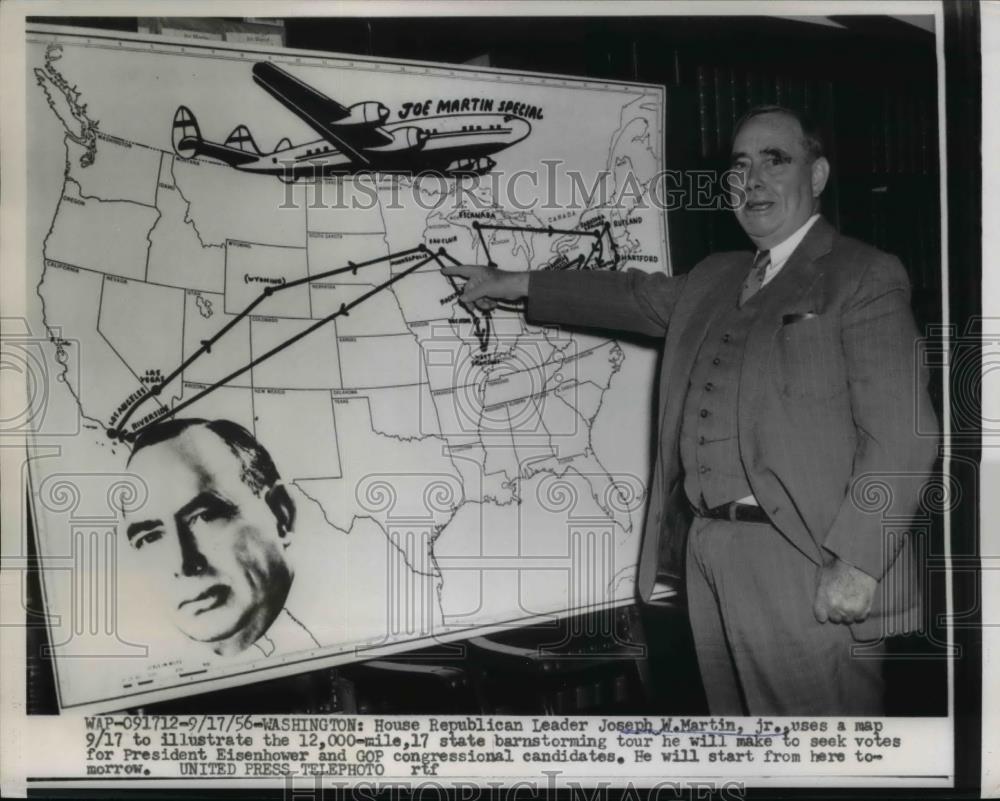 1956 Press Photo of Rep Joseph W. Martin Jr. R-MA pointing to a map. - Historic Images