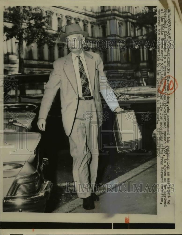 1958 Press Photo of Sherman Adams after he resigned as President Eisenhower's - Historic Images