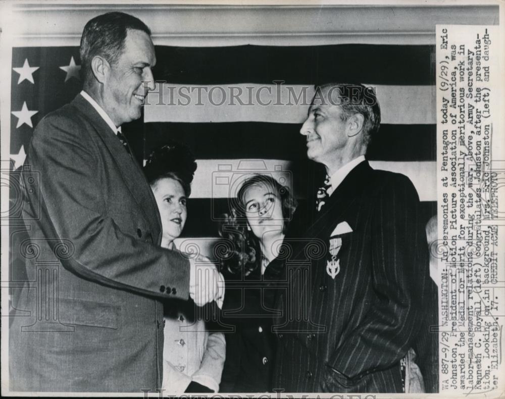 1947 Press Photo Economic Stabilizer Eric A. Johnston, Kenneth C. Royall Meet - Historic Images