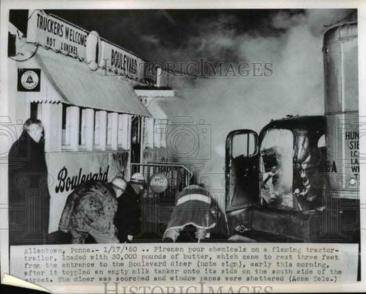 1950 Press Photo Tractor trailer on fire loaded with butter, Allentown Pa. - Historic Images