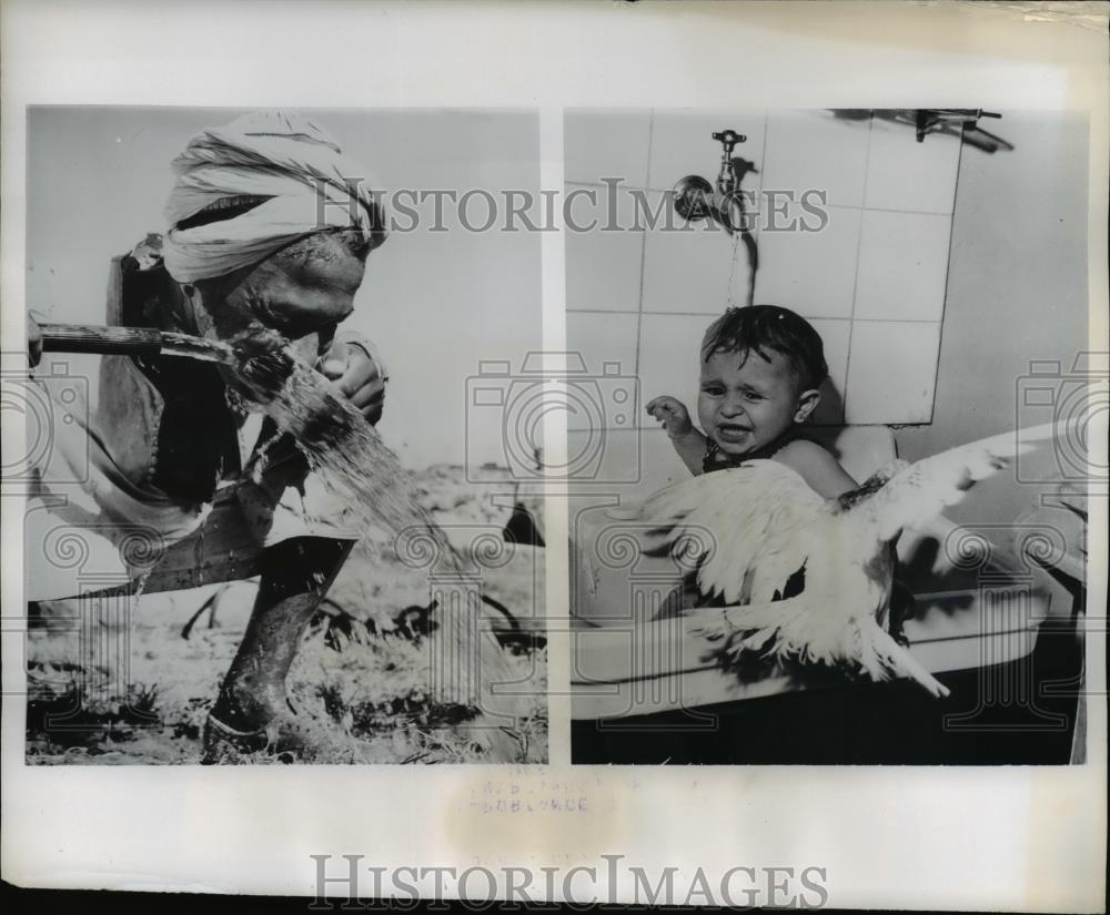 1962 Press Photo A weary Aswan Dam worker refreshes himself with water from hose - Historic Images