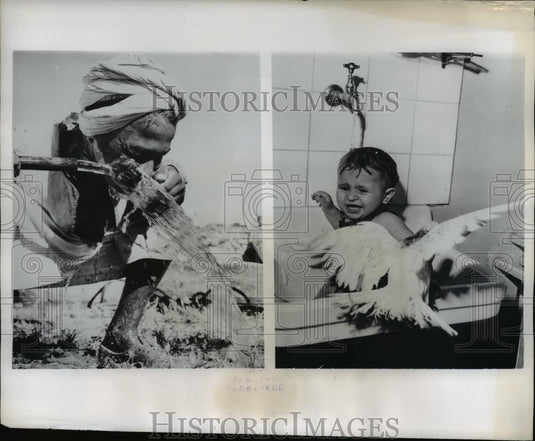 1962 Press Photo A weary Aswan Dam worker refreshes himself with water from hose - Historic Images