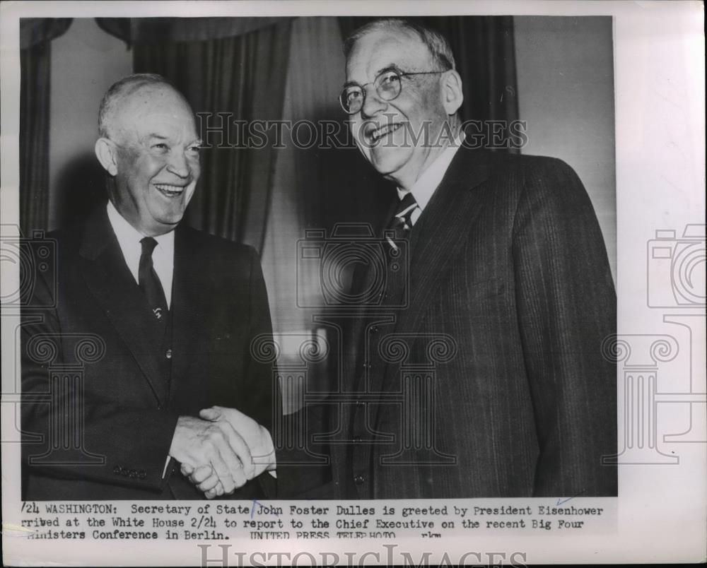 1954 Press Photo Sec of State John Foster Dulles, Greeted by President Einhower - Historic Images