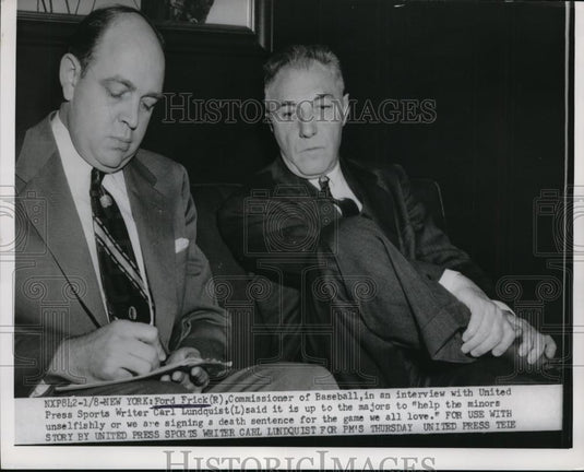 1953 Press Photo For Frisck Baseball commissioner & UP writer Carl Lundquist NYC - Historic Images