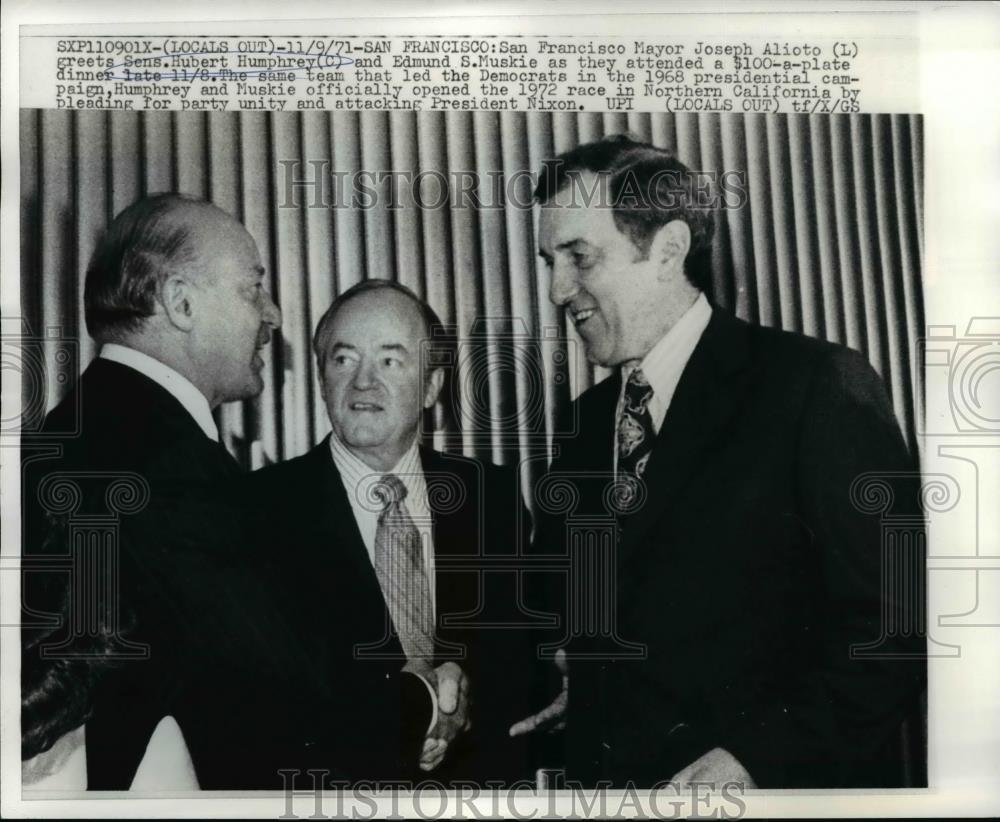 1971 Press Photo Senators Hubert H Humphrey & Edmund Muskie & SF Mayor Alioto - Historic Images