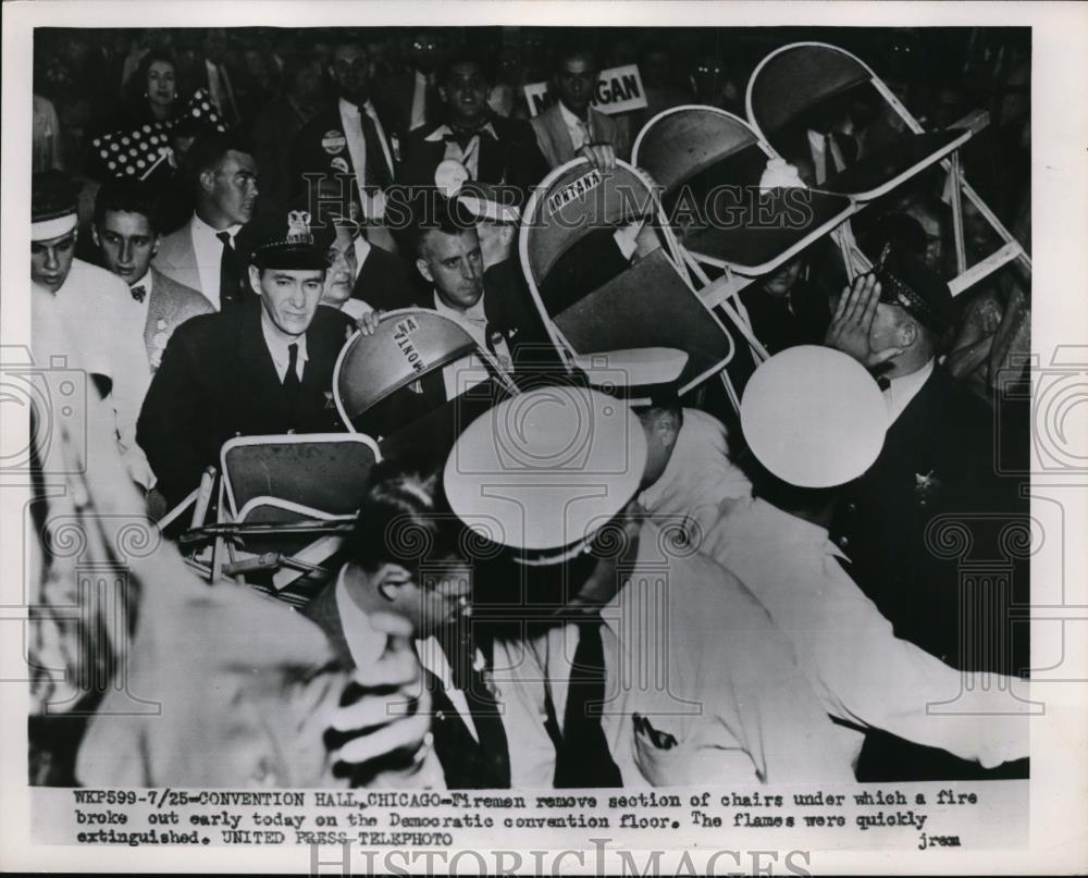 1952 Press Photo Firemen Remove chairs fire Democratic Convention Chicago - Historic Images