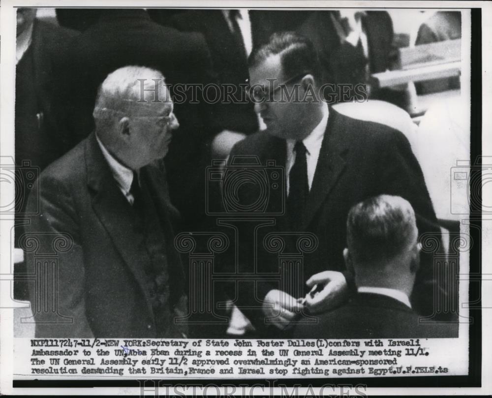 1956 Press Photo Secretary of State John Foster Dulles Abba Eban United Nations - Historic Images