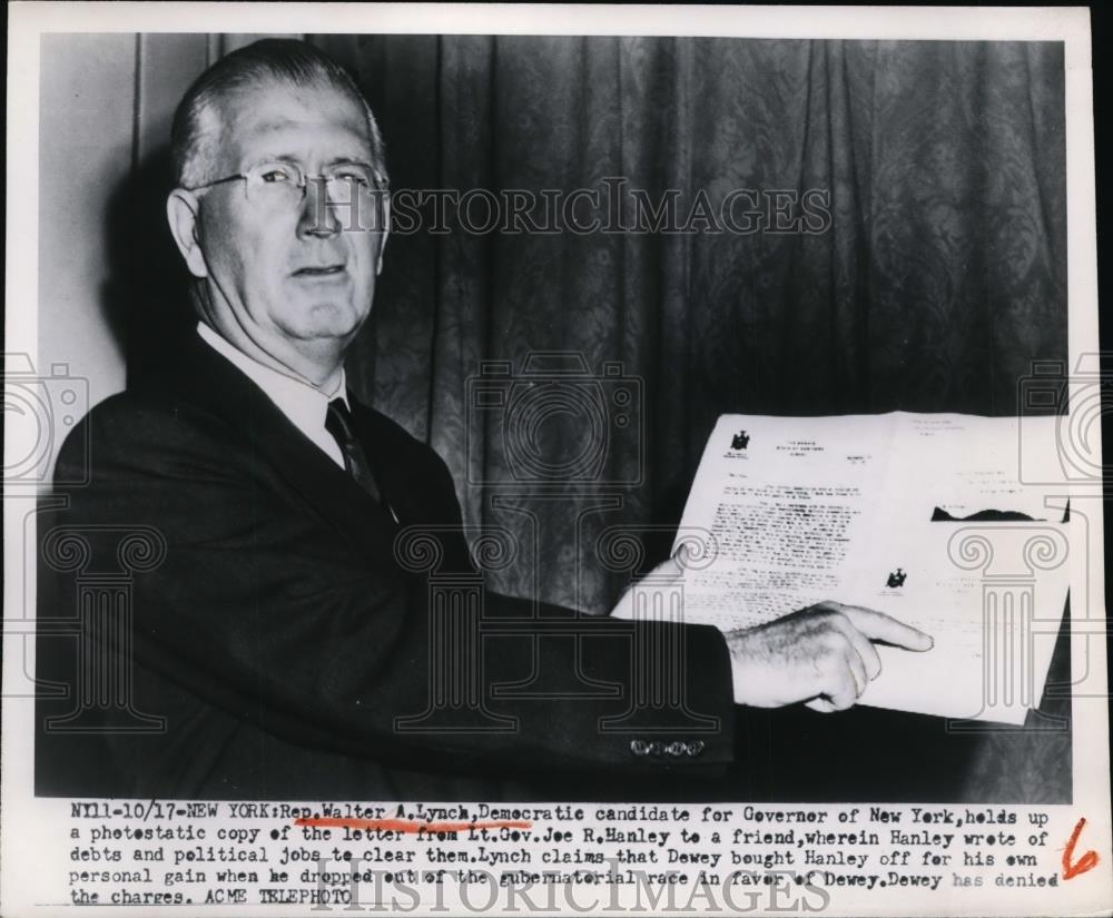 1950 Press Photo Representative Walter A Lynch New York Governor Candidate - Historic Images