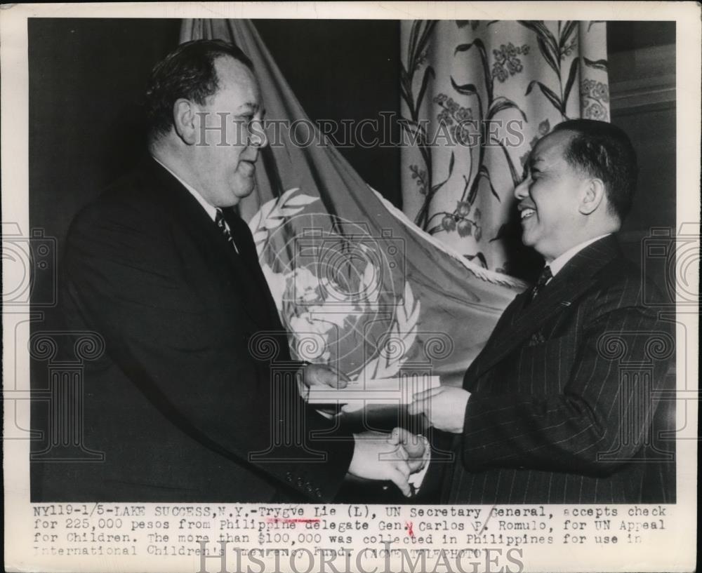 1949 Press Photo Trygve Lie and Carlos Romulo - Historic Images