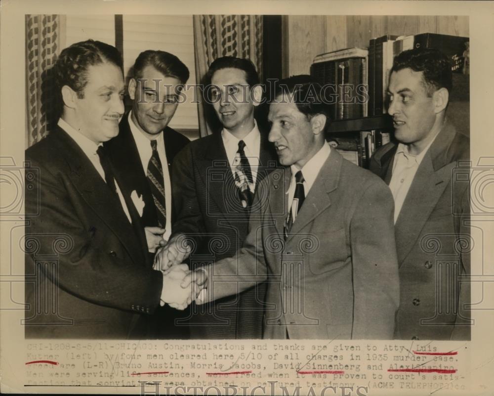 1948 Press Photo 4 Men Shake Hands with Attorney Kutner Who Cleared Them Murder - Historic Images