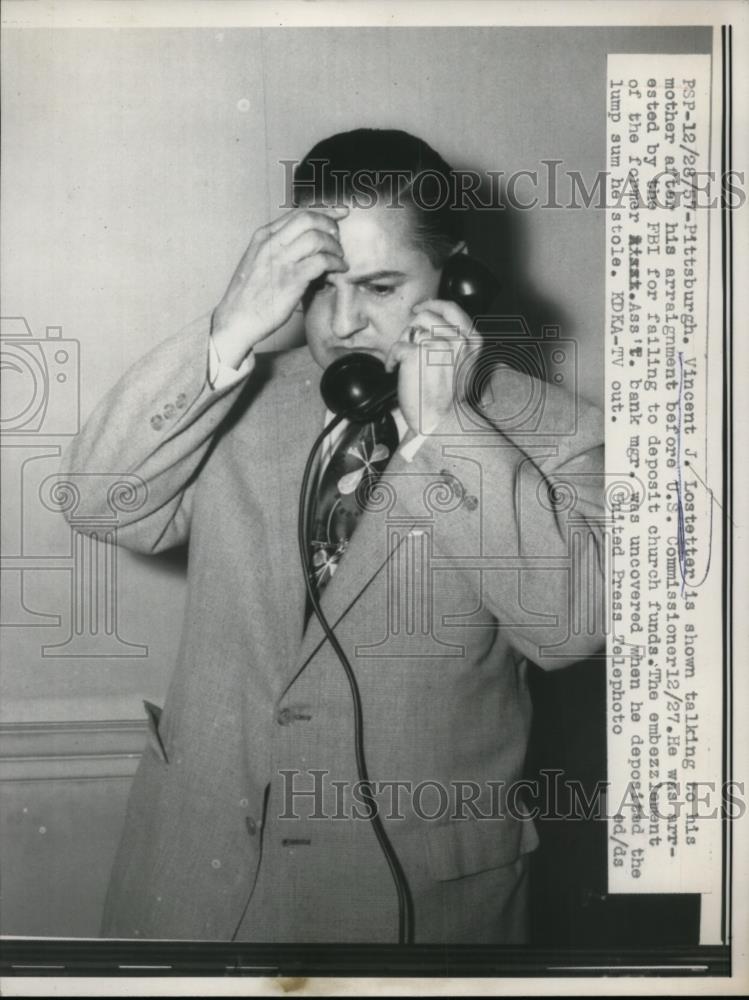 1957 Press Photo Pittsburgh Pa Vincent Lostetter arraigned on embezzelment - Historic Images