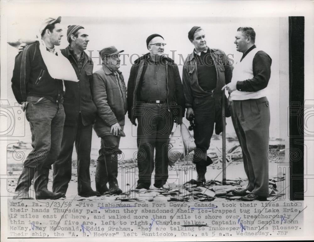 1956 Press Photo Fisherman from Port Dove,Canada abandoned their Ice trapped Tug - Historic Images