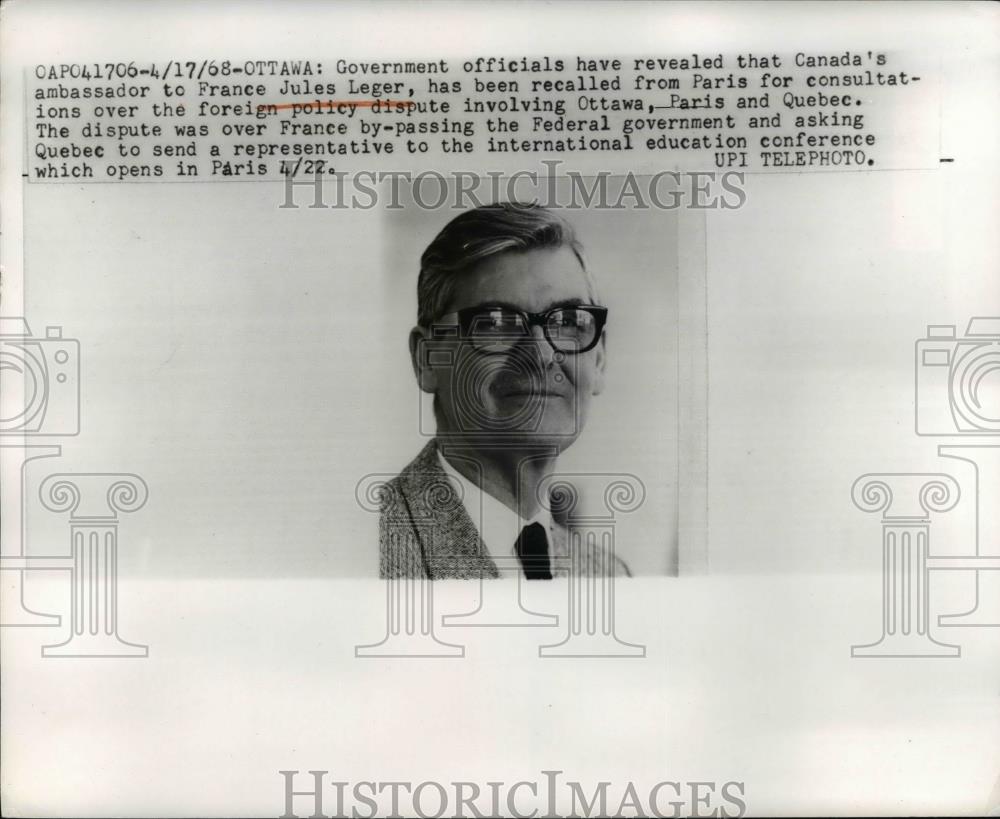 1968 Press Photo Jules Leger, Canada&#39;s Ambassador to France. - Historic Images