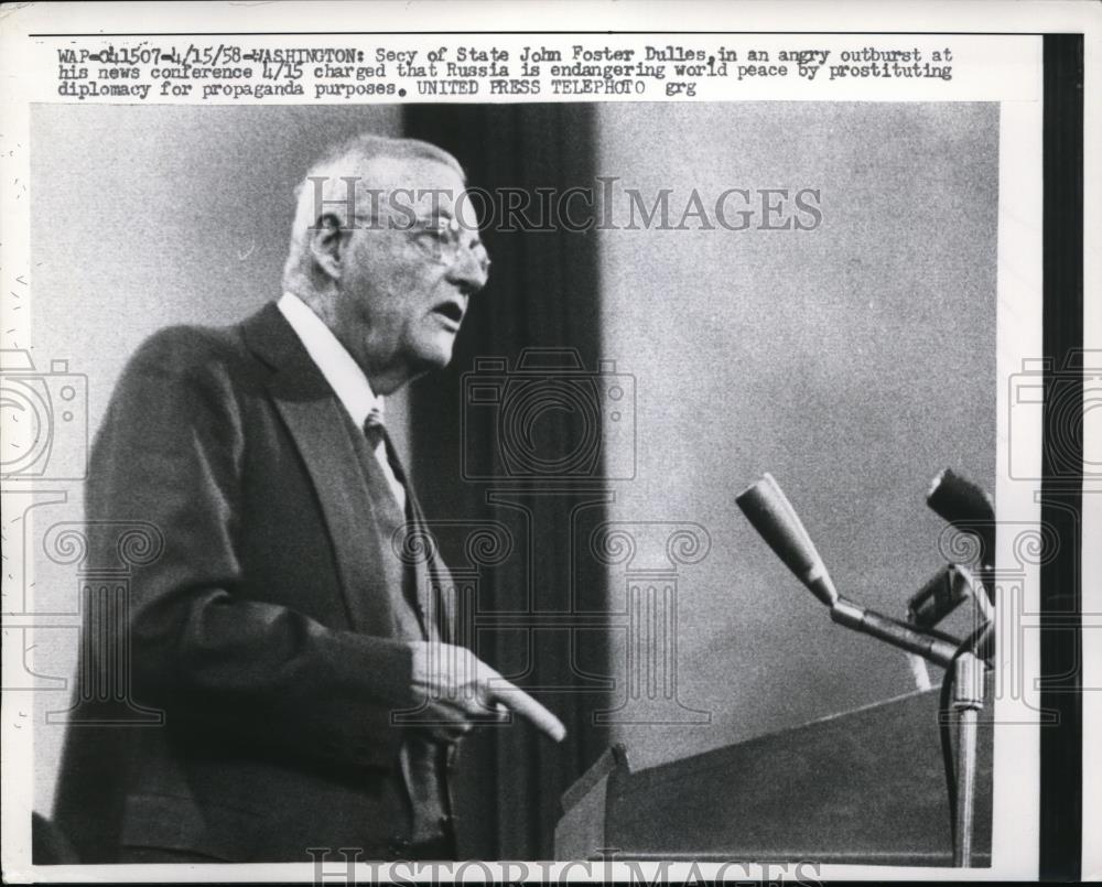 1958 Press Photo Secretary of State John Foster Dullas at News Conference - Historic Images