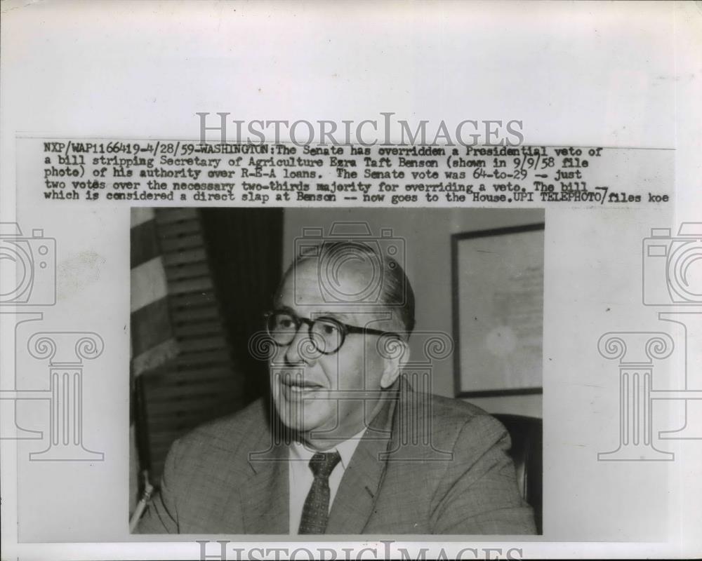 1959 Press Photo Secretary of Agriculture Ezra Taft Benson - Historic Images