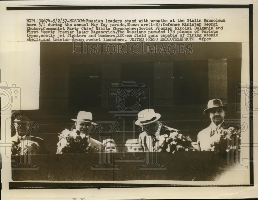 1957 Press Photo Russian Leaders with Wreaths at Stalin Mausoleum Annual May Day - Historic Images