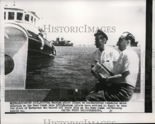 1956 Press Photo Port Said Egypt Russian boat pilot & companion at Suez Canal - Historic Images