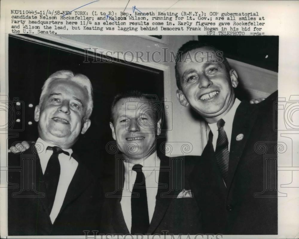 1958 Press Photo Kenneth Keating, Governor Nelson A. Rockefeller, Malcolm Wilson - Historic Images