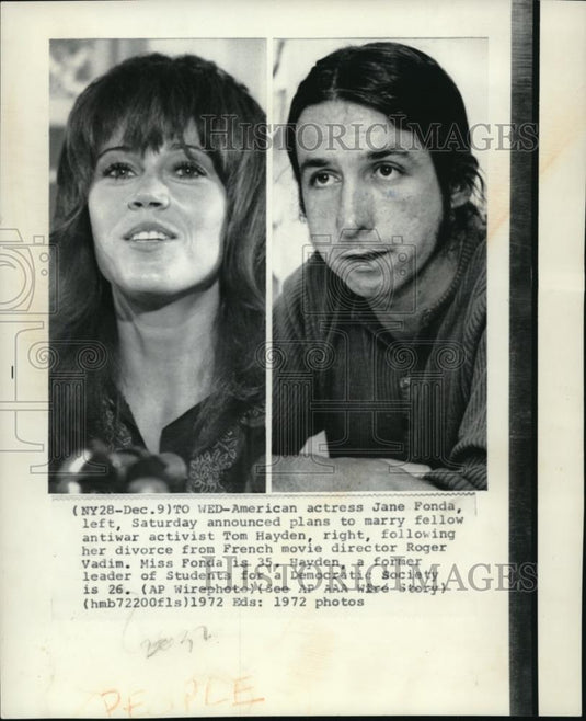 1972 Press Photo Jane Fonda announced getting married to Tom Hayden - Historic Images