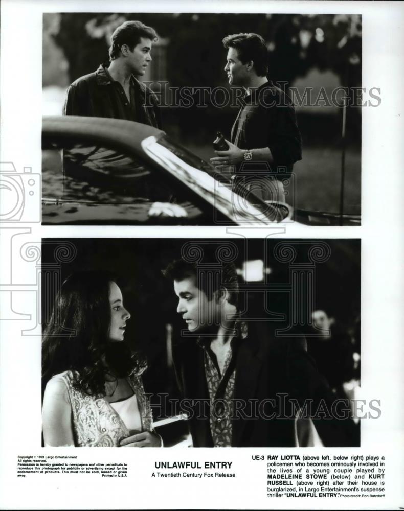 1992 Press Photo Ray Liotta, Madeleine Stowe, Kurt Russell in Unlawful Entry - Historic Images