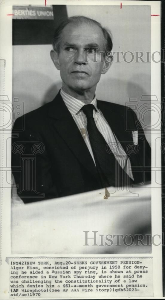 1970 Press Photo Alger Hiss convicted of Perjury in 1950 for aided a Russian Spy - Historic Images