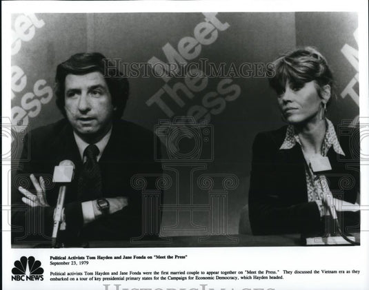 1979 Press Photo Political Activists Tom Hayden and Jane Fonda on NBC's Meet - Historic Images