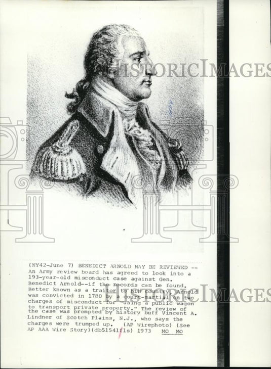 1973 Press Photo Benedict Arnold Convicted in 1780 by a Court-Marshall - Historic Images