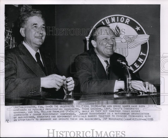 1956 Press Photo Gov Frank Lausche & Sen William Knowland at Junior Achievement - Historic Images