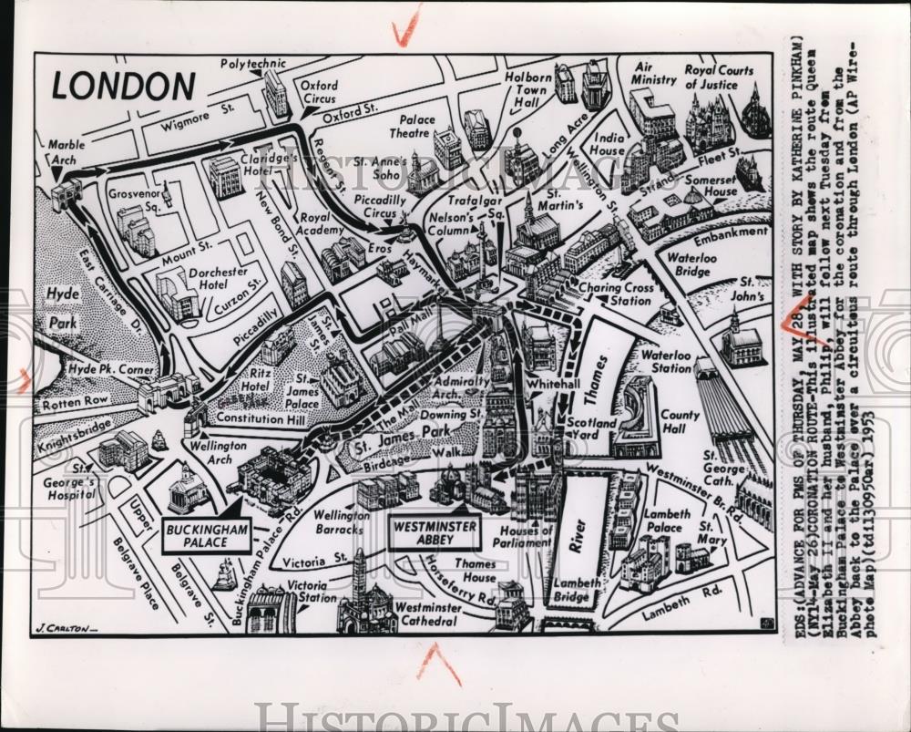 1953 Press Photo Illustrated map shows the route Queen Elizabeth II and her - Historic Images