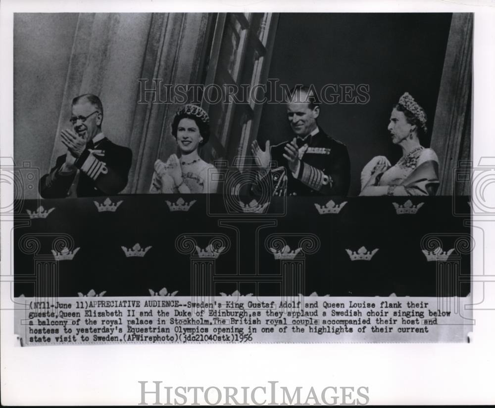 1956 Press Photo Queen Elizabeth II and Duke Edinburgh with King Gustaf Adolf. - Historic Images