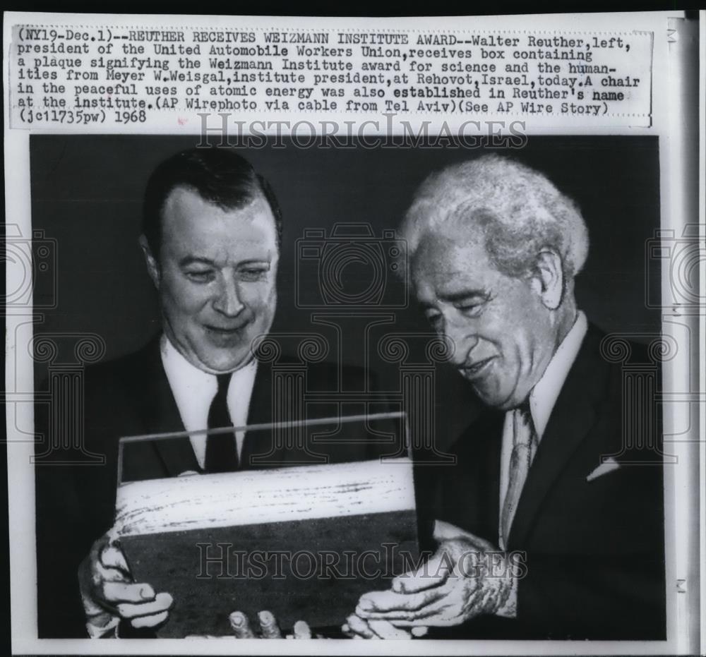 1968 Press Photo Walter Reuther receive Weizman Inst. Award from Meyer W.Weisgal - Historic Images