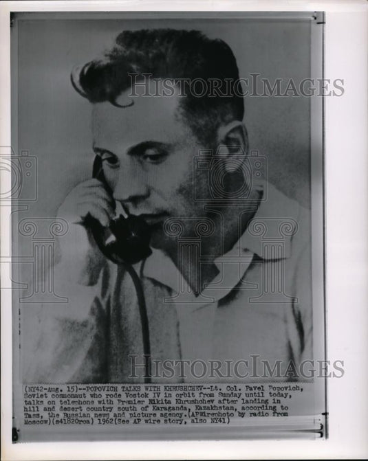 1962 Press Photo Popovich on - phone with Khrushchev at Karaganda, Kazakhstan - Historic Images