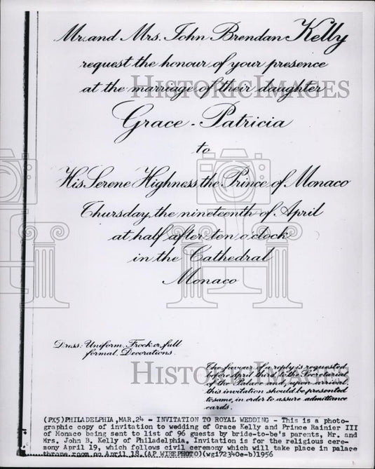 1956 Press Photo The Photographic Copy of Invitation for Royal Wedding - Historic Images