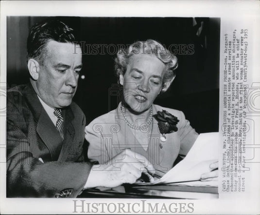 1953 Press Photo Sen. Margaret Chase Smith R-Me. with Fred B. Rhobes. - Historic Images