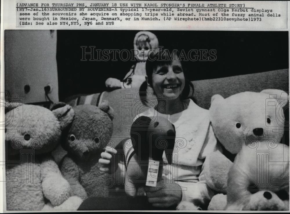 1973 Press Photo Olga Korbut is surrounded by Souvenirs - cvw03924 - Historic Images