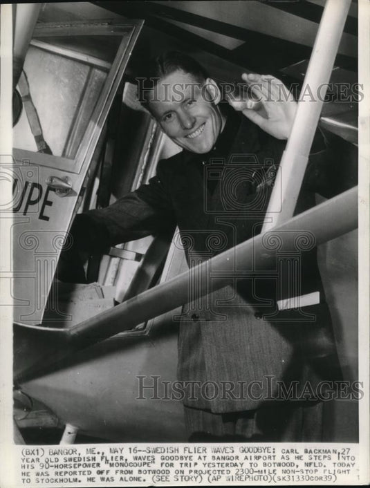 1939 Press Photo Carl Backman Waves Goodbye at Bangor Airport - cvw01232 - Historic Images