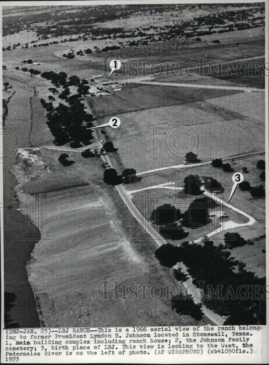 1973 Press Photo The aerial view of the former Pres. Johnson's ranch - Historic Images
