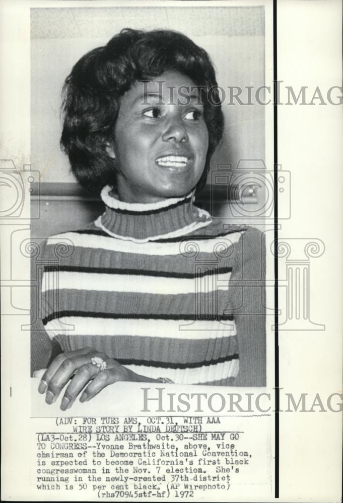 1972 Press Photo Yvonne Brathwaite, Vice charman of the Democratic National - Historic Images