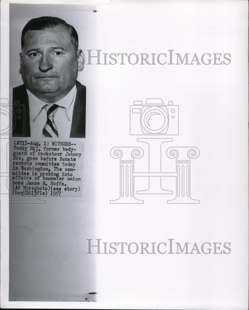1957 Press Photo Teddy Rij witnessed in Senate Rackets Committee in Washington - Historic Images