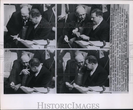 1957 Press Photo Lodge & Stassen confer at U.N. General Assembly meeting - Historic Images