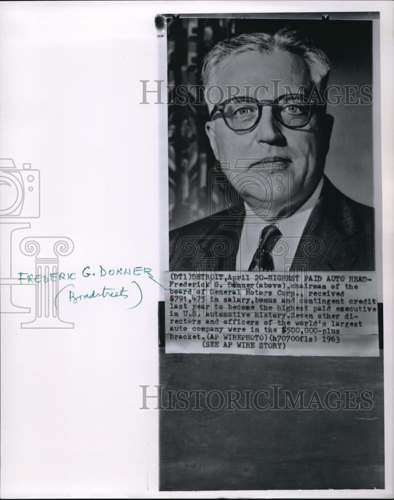 1963 Press Photo Frederick G.Danner Chairman of the Board of General Motors Corp - Historic Images