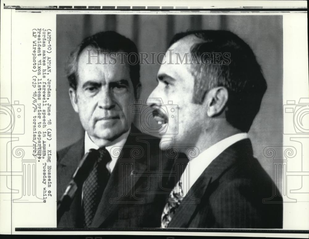 1974 Press Photo King Hussein&#39;s farewell speech in Amman with President Nixon - Historic Images