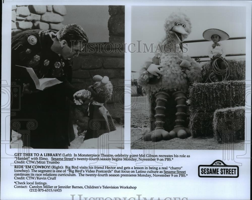 Press Photo Mel Gibson guest stars on Sesame Street with Big Bird and Elmo - Historic Images