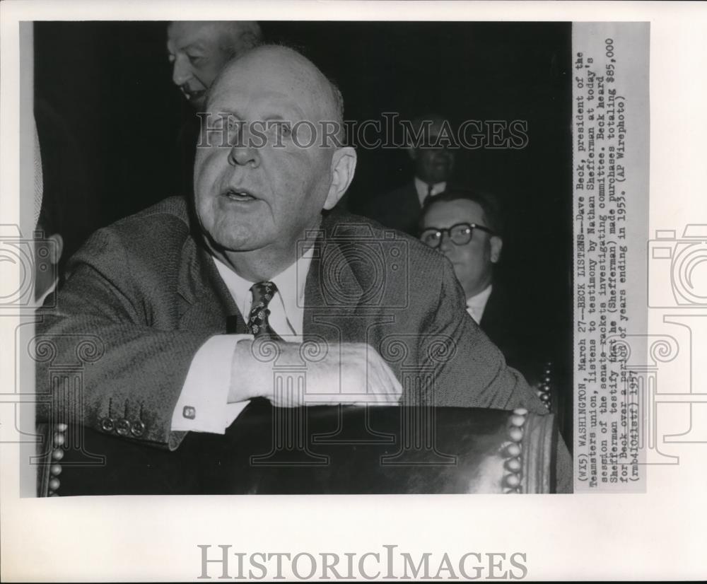 1957 Press Photo Dave Beck Pres.of Teamster Union at Senate Investigating. - Historic Images