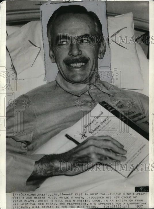 1937 Press Photo Nobel Prize winner Eugene O'Neil discusses plays in hospital - Historic Images