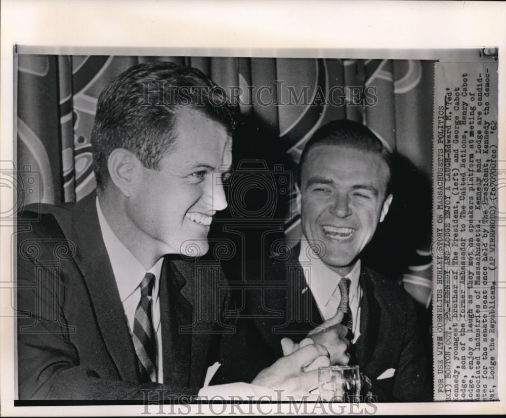 1962 Press Photo Kennedy and Lodge enjoys a laugh at a meeting - Historic Images