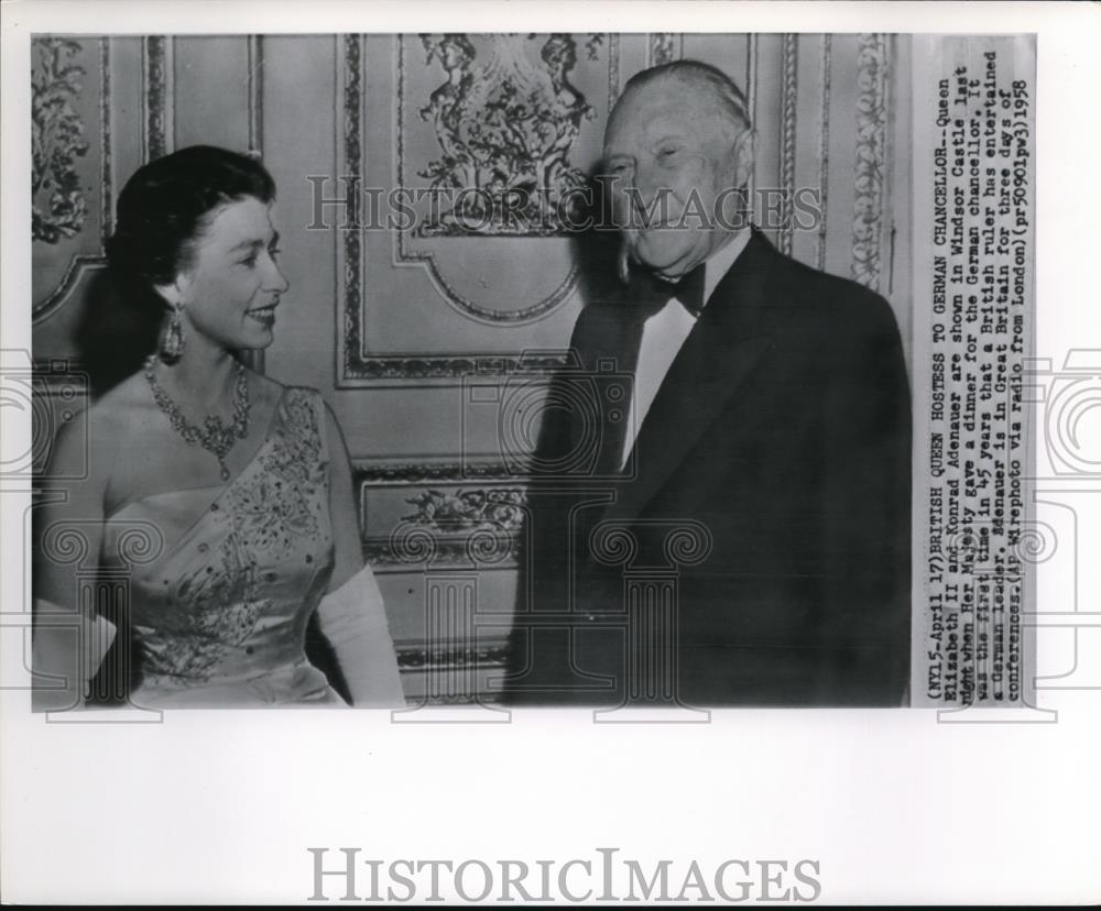 1958 Press Photo Queen Elizabeth II and Konrad Adenauer are shown in Windsor - Historic Images